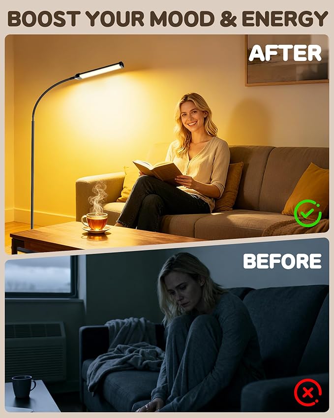 Light Therapy Lamp, 10000Lux UV-Free Sunlight Therapy Happy Lamp, Full Spectrum Light Therapy Floor Lamp with Adjustable Height & Brightness, 3 Color Temps, Therapy Lamp with Remote Control