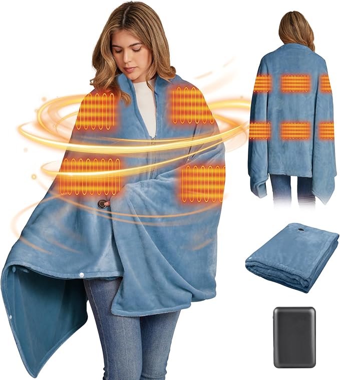 16000mAh Heated Blanket Battery Operated Soft Cordless Heated Blanket Shawl Portable Heated Throw Blanket Poncho Wraps Fast Heating with 3 Heat Levels 6 Heating Zones