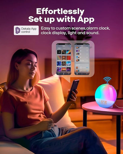 Dekala Sunrise Alarm Clock, Wake Up Light, Smart APP Control, Sundown Sleep Sound Machine, Dual Alarms, FM Radio, Natural Alarm Sounds, Alarm Clock for Heavy Sleepers Kids Adults, Ideal Gift