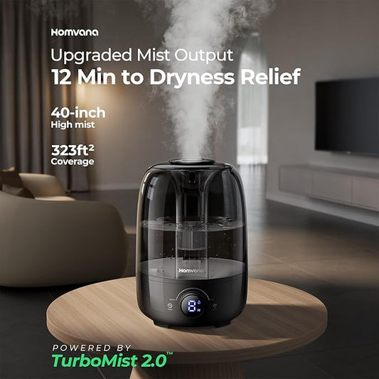 Homvana Humidifiers for Bedroom Diffusers - Top Fill 4L Cool Mist Humidifier Large Room, 40H Runtime Diffusers for Home, Air Humidifier for Plants, Baby Nursery, Essential Oil Diffusers (Black)
