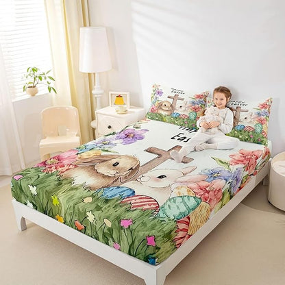 Happy Easter Bed Sheet Full Size Easter Egg Kawaii Rabbit Bedding Set Spring Flower Farmhouse Fitted Sheet Kids Boys Girls Room Decor Green Colorful Soft Sheets with 2 Pillowcase,No Top Flat