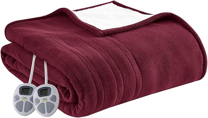 Serta Heated Blanket - Reversible Fleece to Sherpa Electric Blanket, Fast Heating, Auto Shut Off Timer, Multi Heat Setting, ETL Certified, Machine Washable, Berry Red Twin 84"x 62"