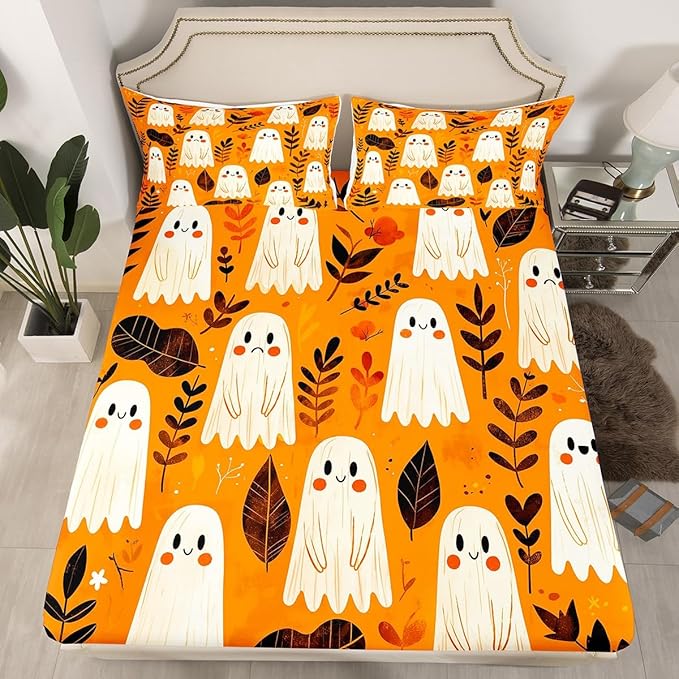 Halloween Ghost Bed Sheet Set Nature Botanical Leaves Graffiti Rustic Farmhouse Fitted Sheet for Ultra Soft Cartoon Cute Ghosts Orange Bedding Cover Set Room Decor Queen (No Flat Sheet)