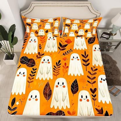 Halloween Ghost Bed Sheet Set Nature Botanical Leaves Graffiti Rustic Farmhouse Fitted Sheet for Ultra Soft Cartoon Cute Ghosts Orange Bedding Cover Set Room Decor Queen (No Flat Sheet)