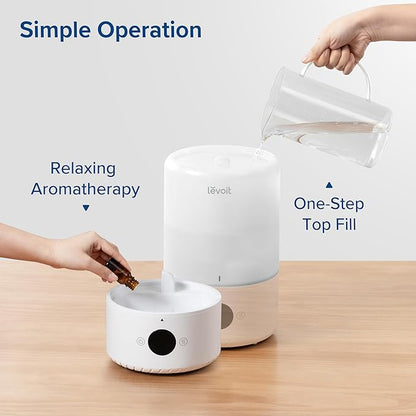 LEVOIT Smart Cool Mist Top Fill Humidifiers for Bedroom with Sensor, Auto Humidity Setting, APP & Voice Control, Essential Oil Diffuser, Ultra Quiet Operation, Super Easy Top Fill, 3L, White