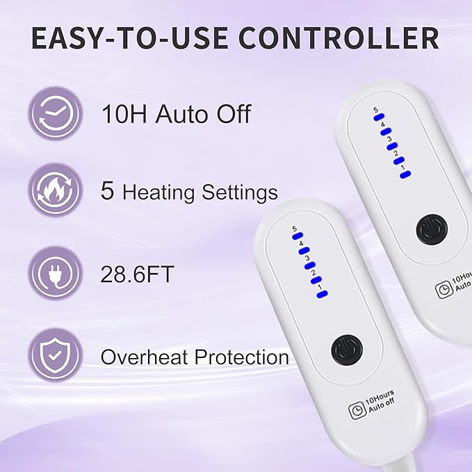 Dual Control Electric Blanket King 100"x90" - 5 Heating Levels 10H Auto Off Oversized - Luxury Purple Bedding for Spacious Rooms, ETL Certified | Gray Violet