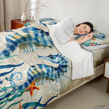Seahorse Sheet Set Full Ocean Animal Bed Sheet Set 4pcs with Deep Pocket Fitted Sheet + Flat Sheet + 2 Pillowcases Teal Blue Sea Horse Marine Mediterranean Style Bedding Set for Kids Teens Room Decor