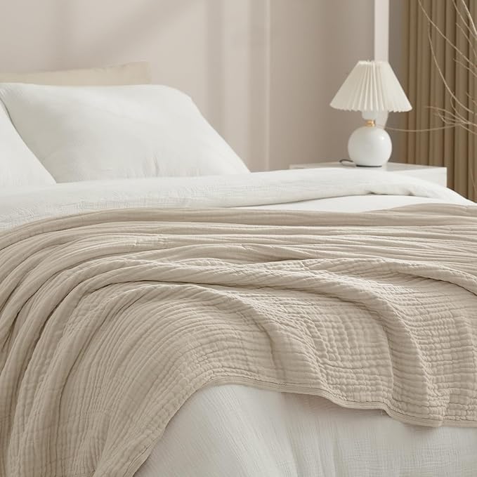 PHF Cooling Muslin Blanket Queen Size 90"x80", 6-Layer Lightweight Gauze Blanket Made from 35% Rayon Derived from Bamboo & 65% Cotton, Breathable & Ultra Soft Cozy for Hot Sleepers, French Oak