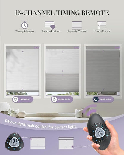 Graywind Motorized Day Night Cellular Shades with Remote, Smart Honeycomb Blinds Compatible with Alexa & Google Home, Custom Size Blackout/Privacy for Bedroom, Living Room & Home Office, Grey