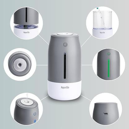 Aqua Glo Personal, Portable Humidifiers for Bedroom – Ultrasonic Cool Mist Humidifier with Built In Rechargeable Battery. Air Humidifier for Baby, Plants, Home, Office, Travel. Gray