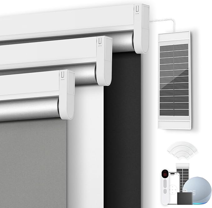 Motorized Roller Blinds with Remote Control & Solar Panel - 100% Blackout Smart Blinds, Automatic, Cordless, Electric Shades - Compatible with Alexa - Black