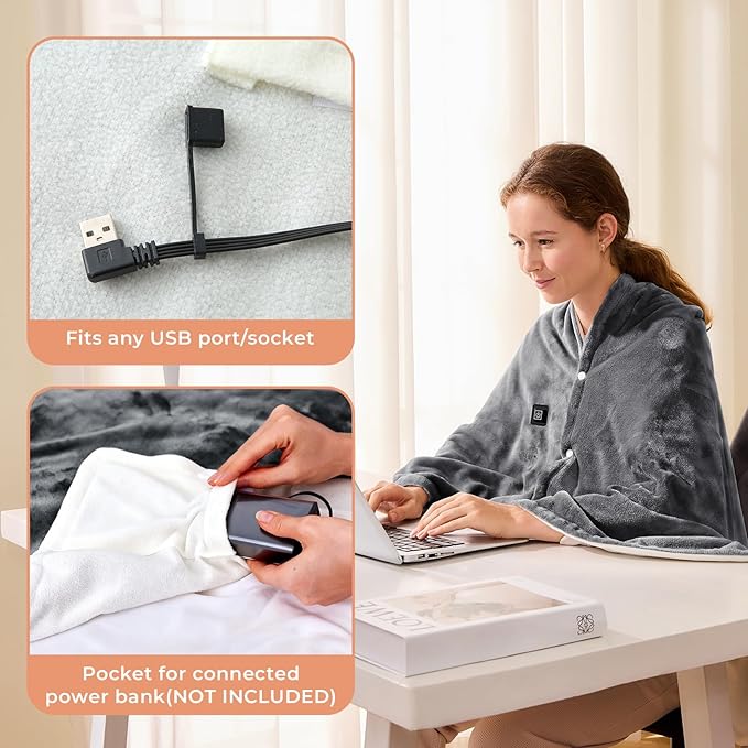 JOLLYVOGUE USB Heated Blanket Throw, Wearable & Portable Heating Electric Blanket for Adults, 3 Levels & 8 Heating Zone Shawl for Indoor & Outdoor, Dark Grey (Battery Not Included)