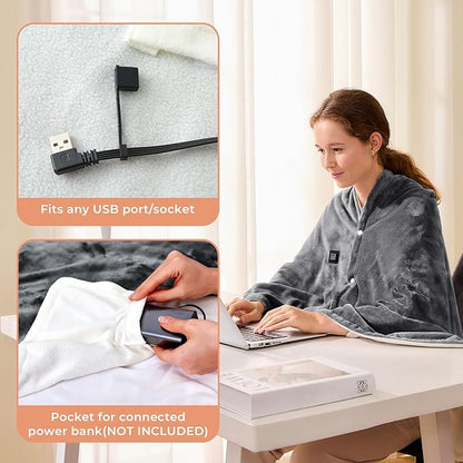 JOLLYVOGUE USB Heated Blanket Throw, Wearable & Portable Heating Electric Blanket for Adults, 3 Levels & 8 Heating Zone Shawl for Indoor & Outdoor, Dark Grey (Battery Not Included)