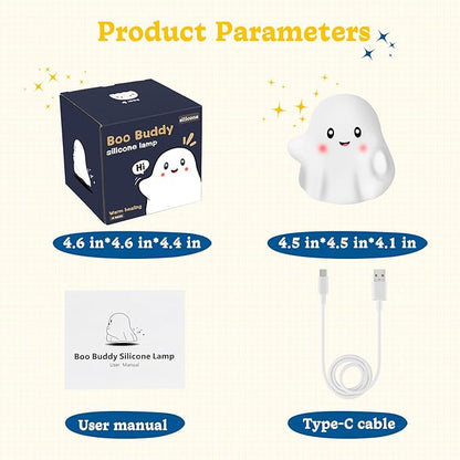 Ghost Night Light for Kids, Rechargeable Cute Night Lights with 1200mAh Battery and 19 Sounds/30 Min-Timer/3 Light Modes, 3000K Silicone Touch LED Night Lamp for Mom Bedroom Christmas Decor