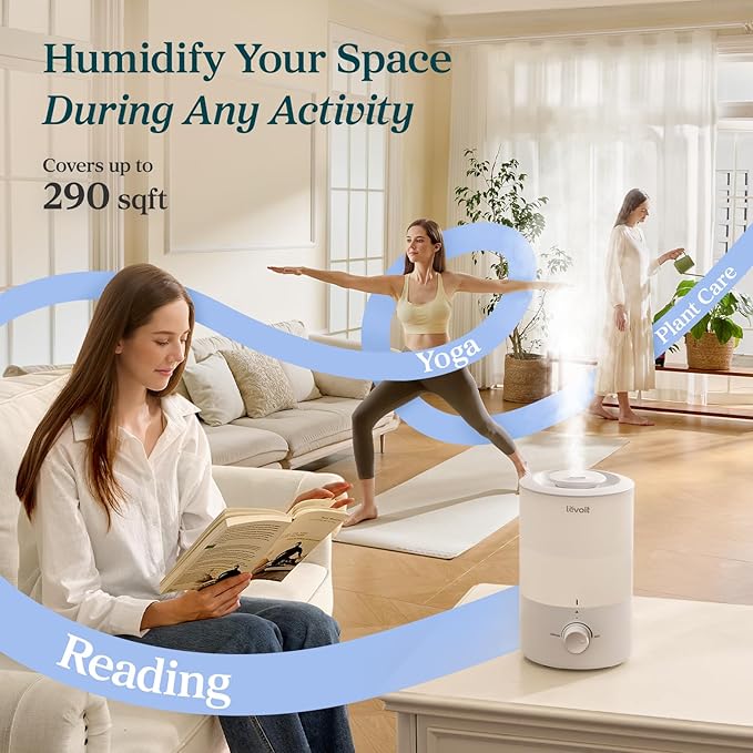 LEVOIT - Humidifiers for Bedroom - Quiet (3L Water Tank) - Cool Mist/Top Fill/Essential Oil Diffuser/25Watt - Home/Large Room - 360° Nozzle - Rapid Ultrasonic Humidification for Baby Nursery/Plant