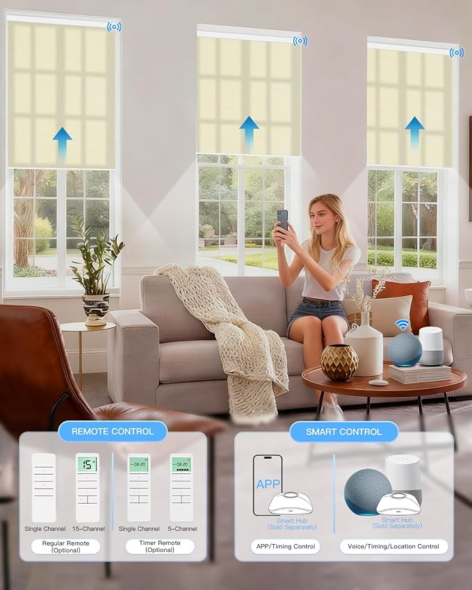 Motorized Light Filtering Roller Shades with Remote Control, Smart Blinds for Windows Compatible with Alexa Google via Hub, Rechargeable Electric Window Shade Customized Size (Beige)