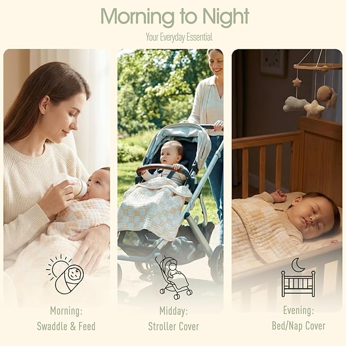 Ultra Soft Muslin Baby Blanket - Made with Organic Cotton, Neutral Earth Tone Checkered Swaddle & Crib Quilt, 43x43 (Beige)