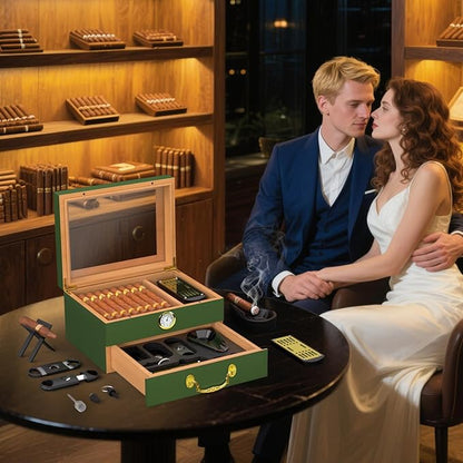 Cigar Humidor Box - Spanish Cedar Small Table Top Humidors for 20-50 Cigars with Accessories and Humidifier - Storage Drawer - Stylish Desktop Cigar Holder for Men - Portable Travel Case Emerald Green