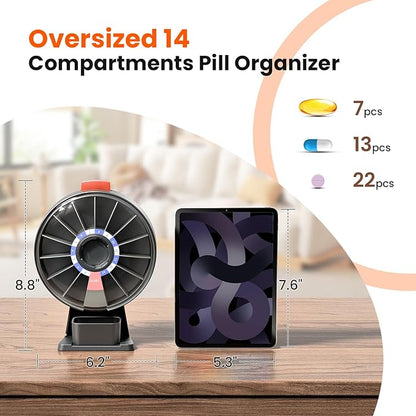 Odaro Large Pill Dispenser, Weekly Pill Organizer 7 Day Am Pm / 14 Day Pill Box, Daily Medicine Pill Organizer with Wall-Mounted or Standing Use for Vitamin, Supplement, Medicine - Gray