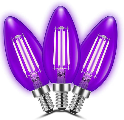 Flaspar 3 Pack E12 LED Purple Light Bulbs, E12 Filament Candelabra Bulb 4W 40W Equivalent, Vintage LED Purple Lights for Christmas Light Bulbs, Porch, Halloween Party, Black Decorative Lighting