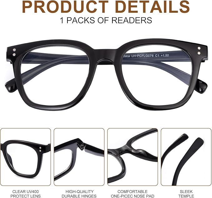 Reading Glasses for Men Women Blue Light Blocking with Spring Hinge, Blocking Readers Anti UV Ray Filter Eyeglasses, Square Computer Reader Glasses, Black, +2.5