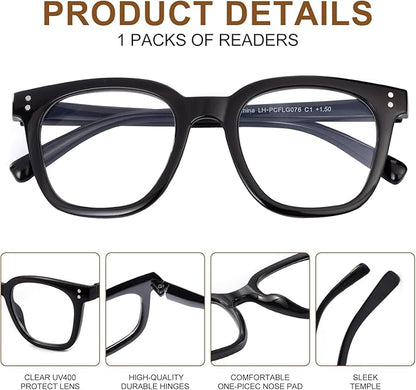 Reading Glasses for Men Women Blue Light Blocking with Spring Hinge, Blocking Readers Anti UV Ray Filter Eyeglasses, Square Computer Reader Glasses, Black, +2.5