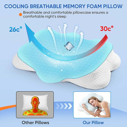 Cervical Pillow for Neck Pain Relief, Adjustable Ergonomic Contour with Orthopedic Memory Foam, Full Support for All Sleeping Positions (Side Back Stomach), Odorless (Blue-White)