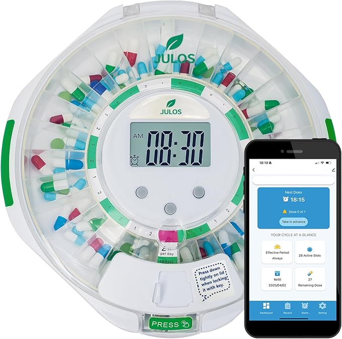 JULOS Bluetooth 28-Day Automatic Pill Dispenser with Lock, Medication Organizer up to 9 Alarms/Day, Sound & Light Alarms, Ezi-Read LCD & App Alert for Prescriptions, Vitamins, Clear Lid