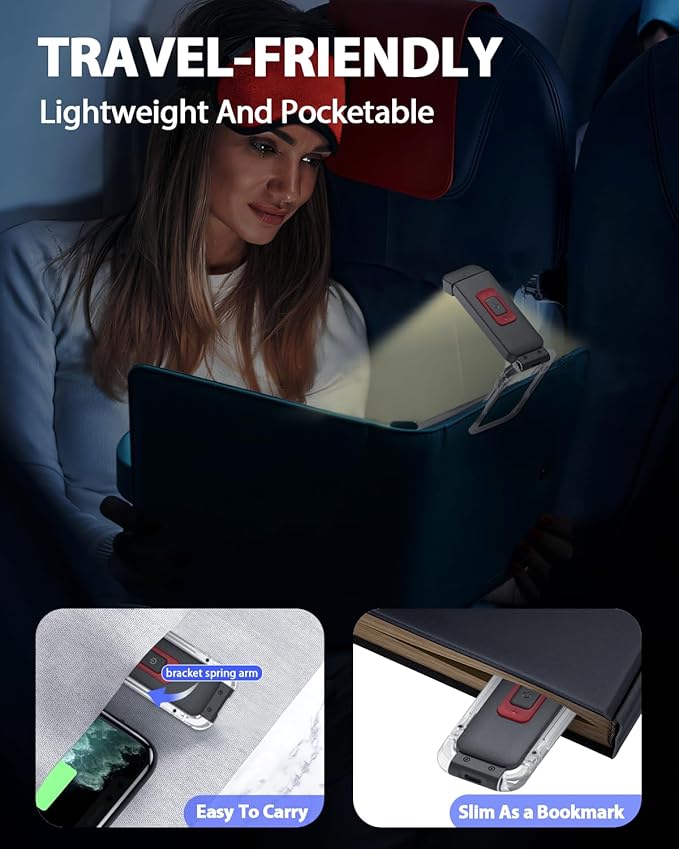 SFV Portable Book Light, Clip-On Rechargeable LED Reading Light for Books in Bed, 3 Amber Colors & 5 Brightness Adjustable, Compact & Long Lasting, Perfect for Book Lovers, Kids, Black