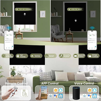 FineTell Motorized Blinds with Remote, 100% Blackout Roller Shades Compatible with Alexa,Apple Homekit,Google Home APP and Voice Control, Customized Electric Blinds (100% Blackout Vinyl Black)