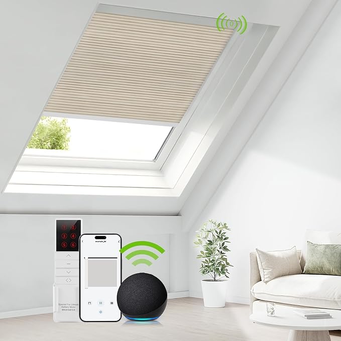 ZSTARR Motorized Skylight Shades Blackout Cellular Honeycomb Electric Blinds with Solar Panel Cordless Rechargeable with Remote for Roof and Slanted Windows Custom Size (BO Printed Wheat)