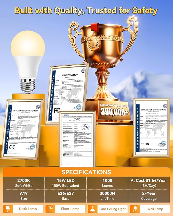 BoRccidt SunLike Full Spectrum Light Bulb 2700K Warm LED 15W=100W, Flicker-Free & UV-Free, 90+CRI & 30000H Lifespan, 3-Pack A19 E26/E27 Soft White Sunlight Light Bulbs for Humans, Home, Office, Plant