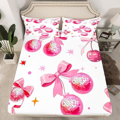 70s 80s Pop Music Fitted Sheet Twin Size,Cherry Disco Ball Pink Bedding All-Round Elastic Pocket,Girly Bowknot Princess Style Bed Sheet 2 Pieces Fits Mattress