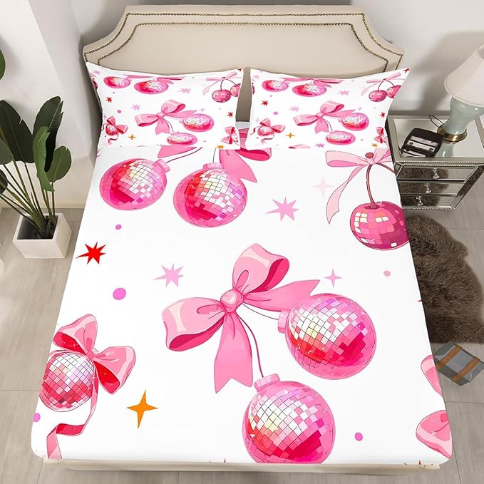 70s 80s Pop Music Fitted Sheet Full Size,Cherry Disco Ball Pink Bedding All-Round Elastic Pocket,Girly Bowknot Princess Style Bed Sheet 3 Pieces Fits Mattress