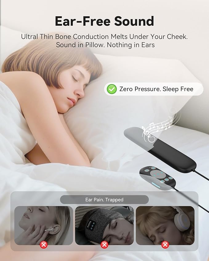 Under Pillow Speaker Bluetooth, 36 Built-in Soothing White Noise Sleep Sound Machine with Wired Remote, Bone Conduction, 3 Timer, 24H Battery for Side Sleeper, Office Nap & Travel Essential