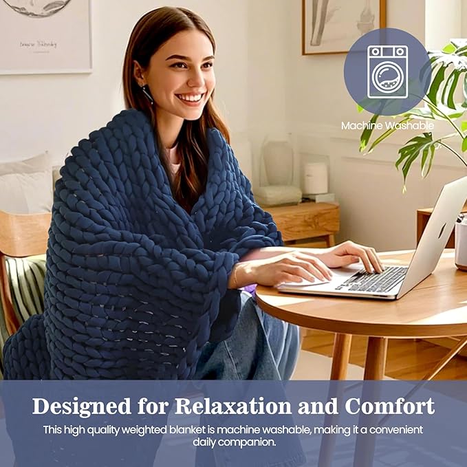 Hand-Knit Weighted Blanket for Adults, Chunky Knit Blanket, Cooling,Breathable,Sustainable,Machine Washable,Organic Cotton,Valentine's Day Birthday Gifts for Mom Women(Blue,48"*72",12lbs)