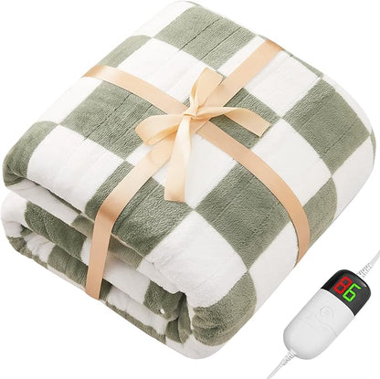 Sage Green Heated Throw Blanket Electric, 50X60 Heating Blanket with 10 Heat Levels & 8 Hours Auto Off for Lap, Checkered Plaid Soft Sherpa Blankets Warmer Gifts for Couch Grandma Women Adults