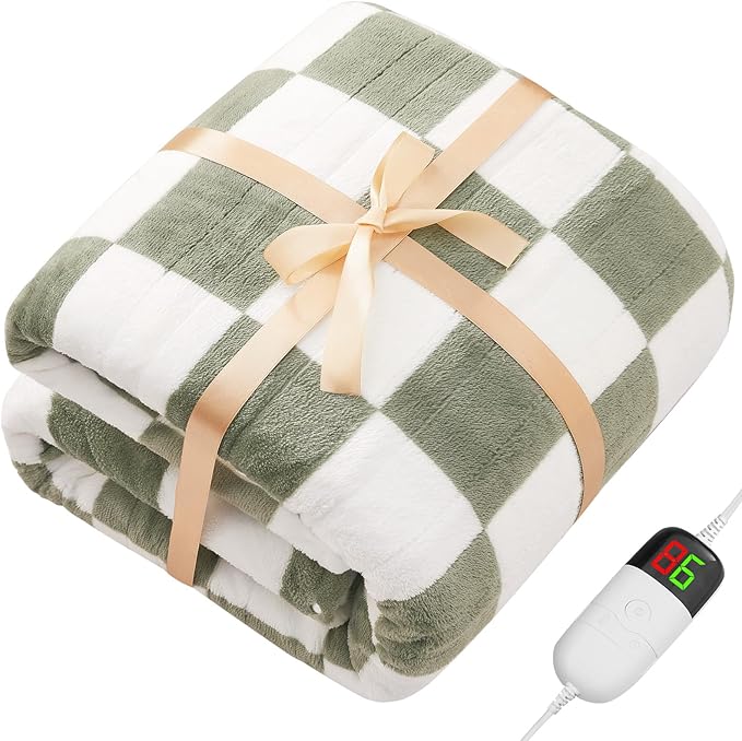 Sage Green Heated Blanket Electric Twin Size, 62X84 Heating Blanket with 10 Heat Levels & 8 Hours Auto Off, Checkered Plaid Soft Fleece Sherpa Blankets Warmer Gifts for Couch Grandma Women Adults