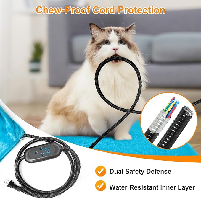 Pet Heating Pad with 6 Adjustable Temperature Settings, Heated Cat Mat with Built-In Smart Thermostat, Chew-Resistant Cord, Removable & Washable Plush Cover, Waterproof Material, 27.5 x 15.7 Inches