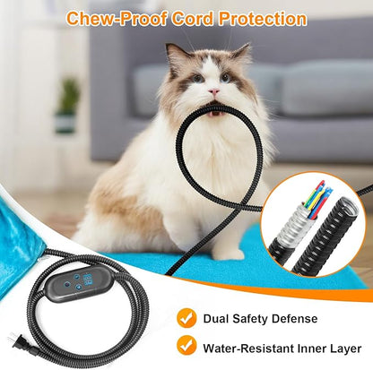 Pet Heating Pad with 6 Adjustable Temperature Settings, Heated Cat Mat with Built-In Smart Thermostat, Chew-Resistant Cord, Removable & Washable Plush Cover, Waterproof Material, 27.5 x 15.7 Inches