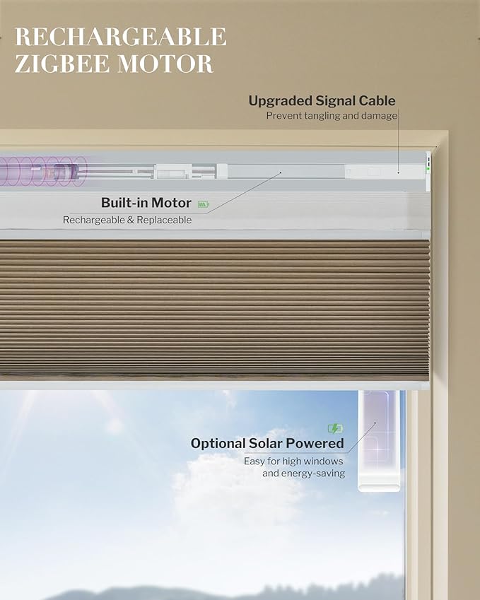 Graywind Motorized Day Night Cellular Shades with Remote, Smart Honeycomb Blinds Compatible with Alexa & Google Home, Custom Size Blackout/Privacy for Bedroom, Living Room & Home Office, Linear Brown