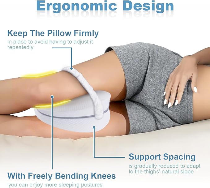 Knee Pillow for Side Sleepers, Leg Pillow for Sleeping, Knee Pillow with Strap, Alignment Pillow Between Legs, Suitable for Relieving Leg, Back & Knee Pain, Machine Washable (White)