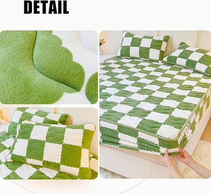 Milk Velvet Checkered Bedding Mattress Cover, Super Soft Elastic Bed Sheets with Pillowcase - Washable 12'' Deep Pocket Mattress Pad
