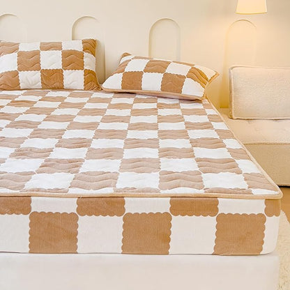 Milk Velvet Checkered Bedding Mattress Cover, Super Soft Elastic Bed Sheets with Pillowcase - Washable 12'' Deep Pocket Mattress Pad