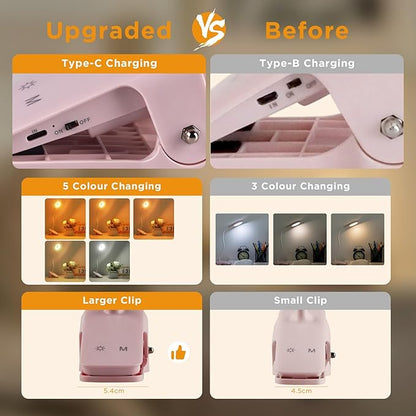 Desk Lamp LED Clip on Light, 5 Modes 5 Brightness Dimmable Clamp Light, Rechargeable Battery Flexible Clip on Reading Lamp for Bed Headboard Bunk Bed at Night for Kids (Pink)