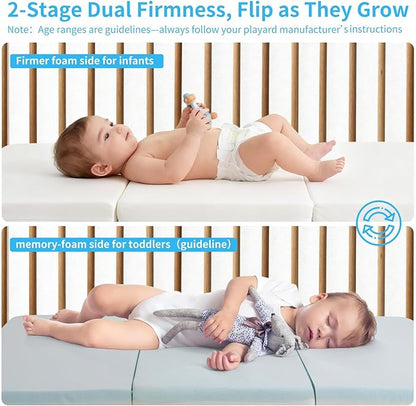 Trifold Pack and Play Mattress 38x26 - Dual Sided Pack N Play Mattress Pad (Firm for Baby, Soft for Toddler), Cooling Gel Memory Foam Playpen Mat, Waterproof Portable Crib Mattress Topper