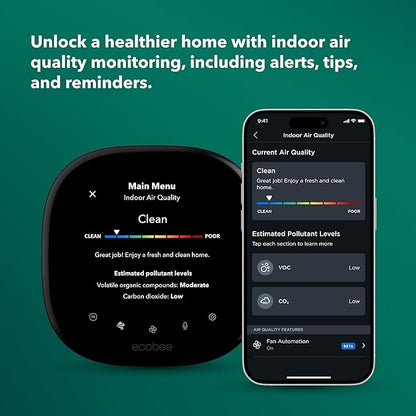 ecobee Smart Thermostat Premium with Smart Sensor and Air Quality Monitor - Programmable Wifi Thermostat - Works with Siri, Alexa, Google Assistant