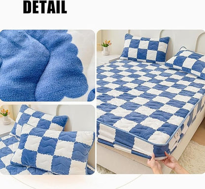 Milk Velvet Checkered Bedding Mattress Cover, Super Soft Elastic Bed Sheets with Pillowcase - Washable 12'' Deep Pocket Mattress Pad