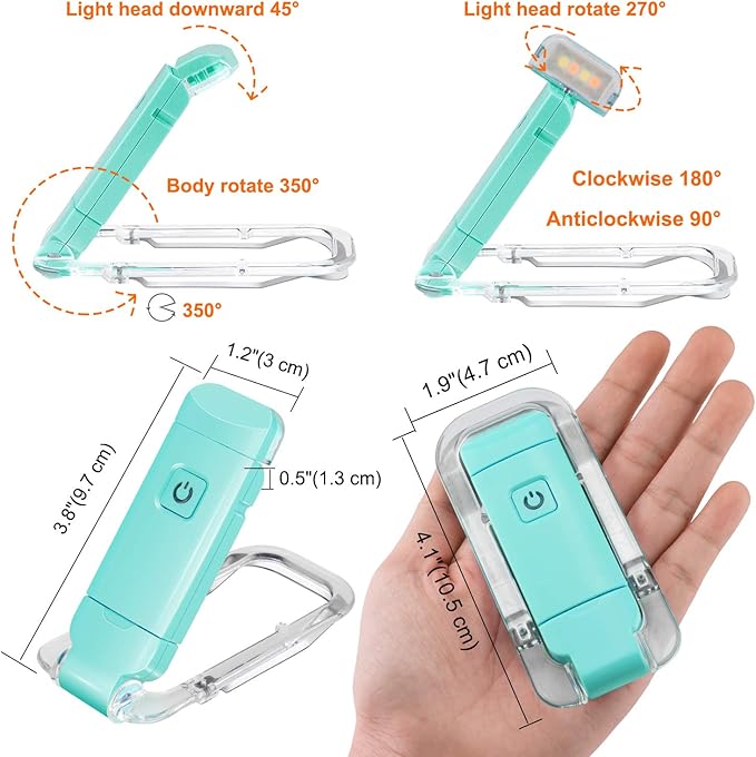 BIGLIGHT Amber Book Reading Light, LED Clip on Book Lights, Reading Lights for Books in Bed, Small Book Light for Kids, USB Rechargeable, 2 Brightness Adjustable for Eye Protection, Mint Green
