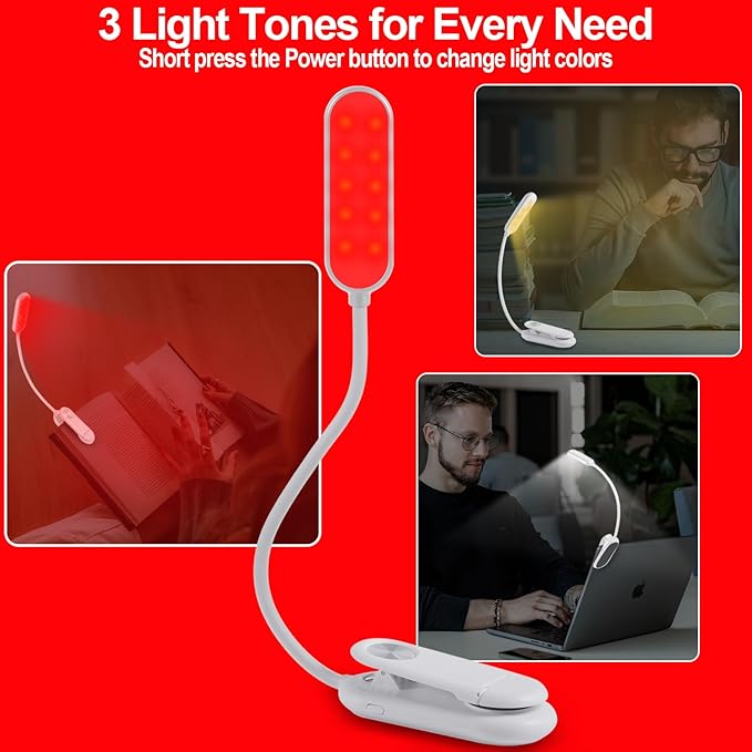 630nm Red Book Light [2 Pack] - Zero Blue Light, Rechargeable Clip On Red Reading Light Lamp for Reading at Night - Dimmable LED Book Lamp, Ideal Gift for Book Lovers Travel Camping Nursing